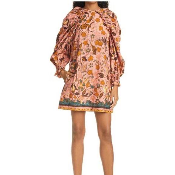 NEW Ulla Johnson Devya Mini Dress (Sz 0) Puff Sleeve Ruffle Trim Blush Floral - Picture 2 of 14